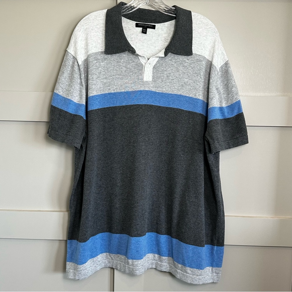 Men’s Banana Republic Gray Blue Striped Cotton Short Sleeve Polo Shirt XXL